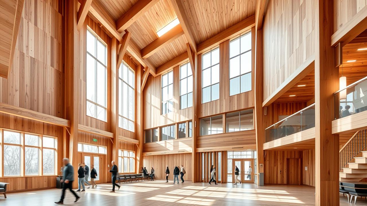 Finished interior of a modern mass-timber building with exposed glulam beams