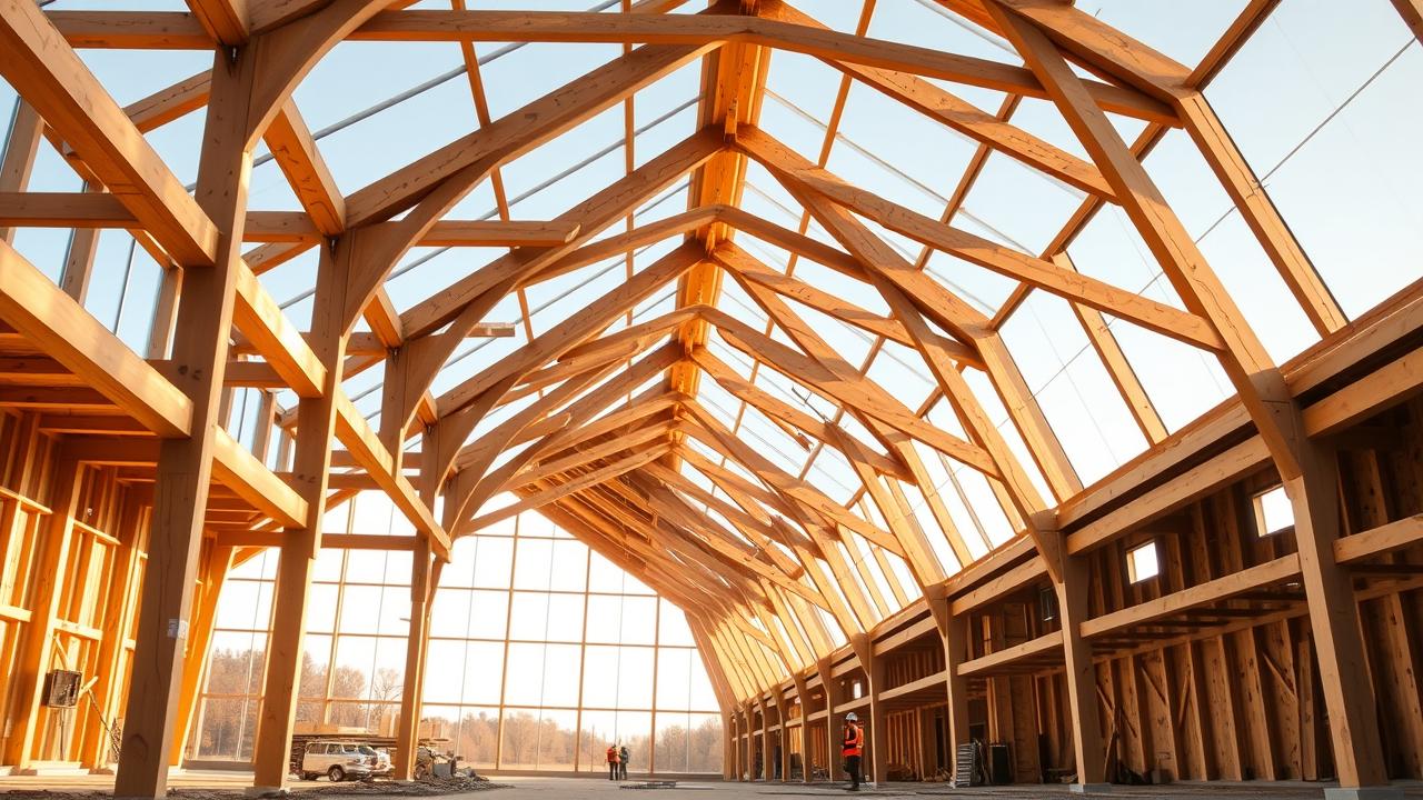 Modern mass-timber building under construction with long exposed glulam beams and arches